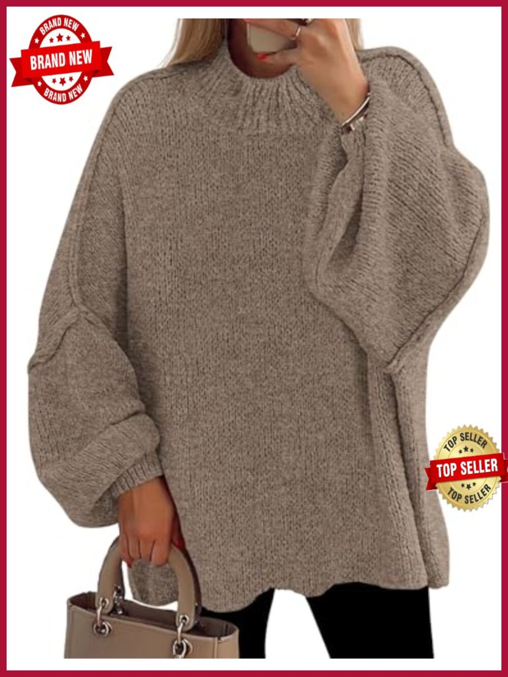 Oversized Chunky Knit Mock Neck Pullover Sweater Tunic
